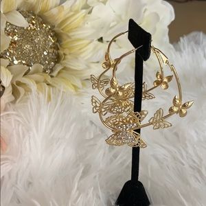2/$20 Gold Tone Heart Rhinestone Butterfly Hoops